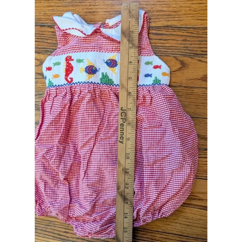 Vintage Silly Goose Hand Smocked Romper Jumpsuit Infant Girls 6M Red White
